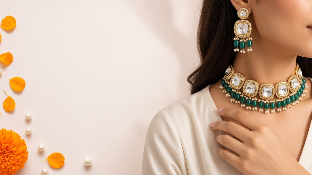 New Arrivals - teal polki choker set on cream silk, newly listed Indian jewellery at The P.S. Collection