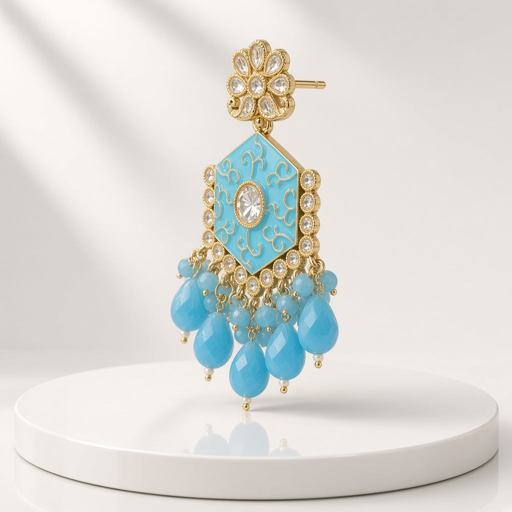 Aasmani Sky Blue Meenakari Drop Earrings - 3D view