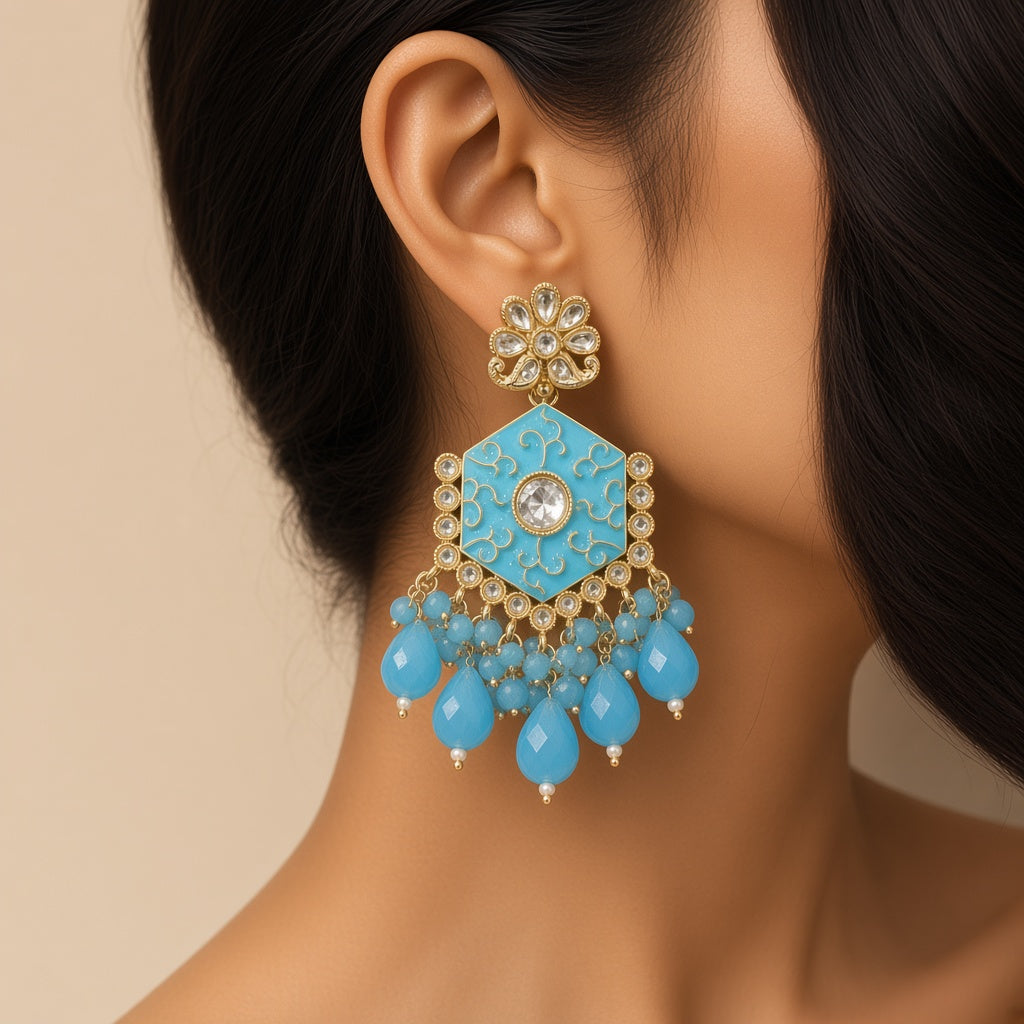 Aasmani Sky Blue Meenakari Drop Earrings - worn close-up (faceless model)