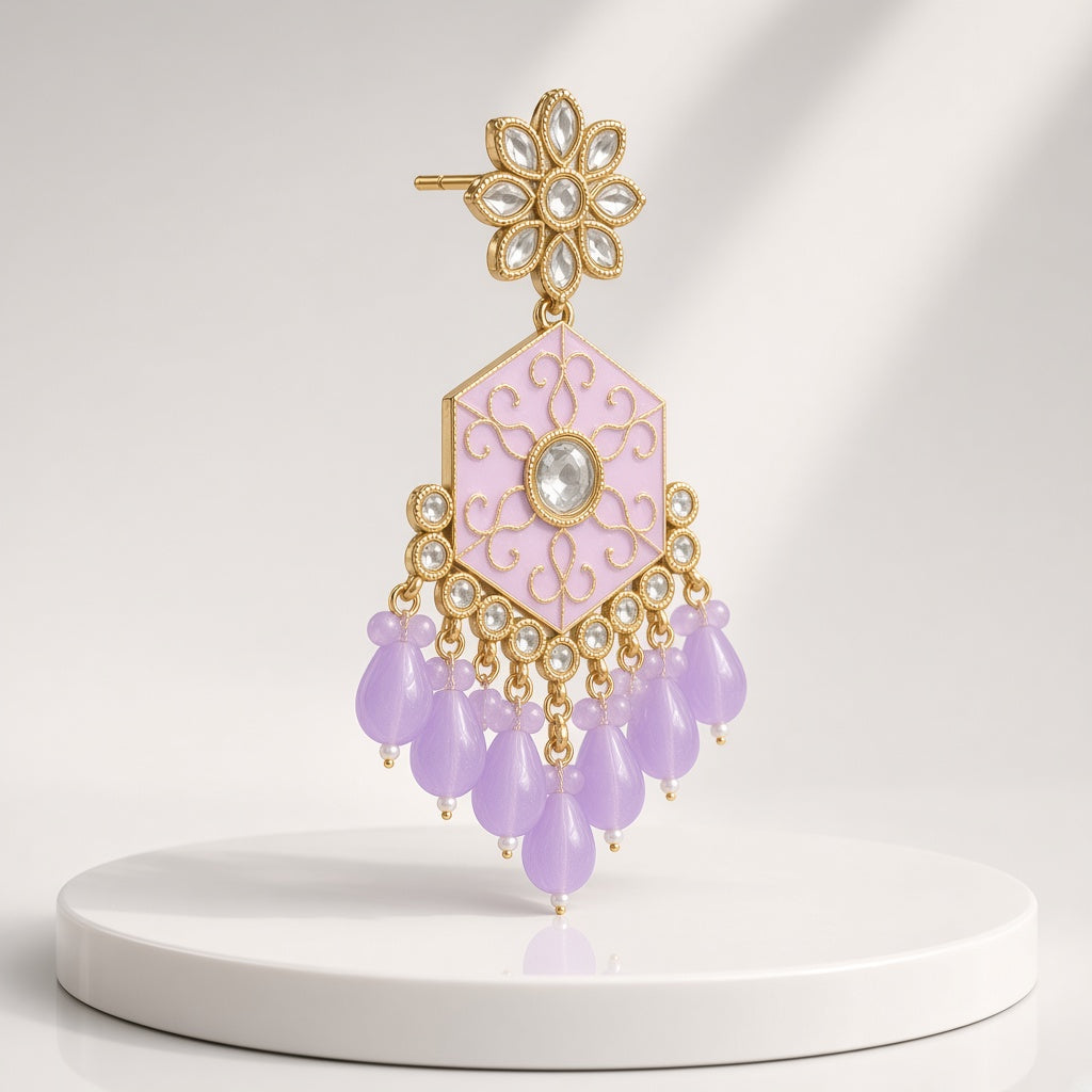 Saanjh Blush & Lilac Meenakari Drop Earrings - 3D view