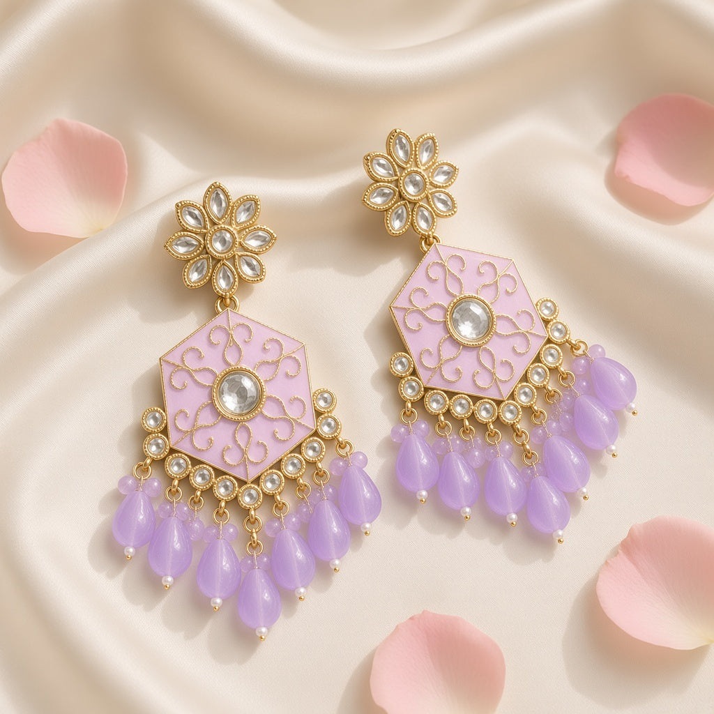 Saanjh Blush & Lilac Meenakari Drop Earrings - second angle