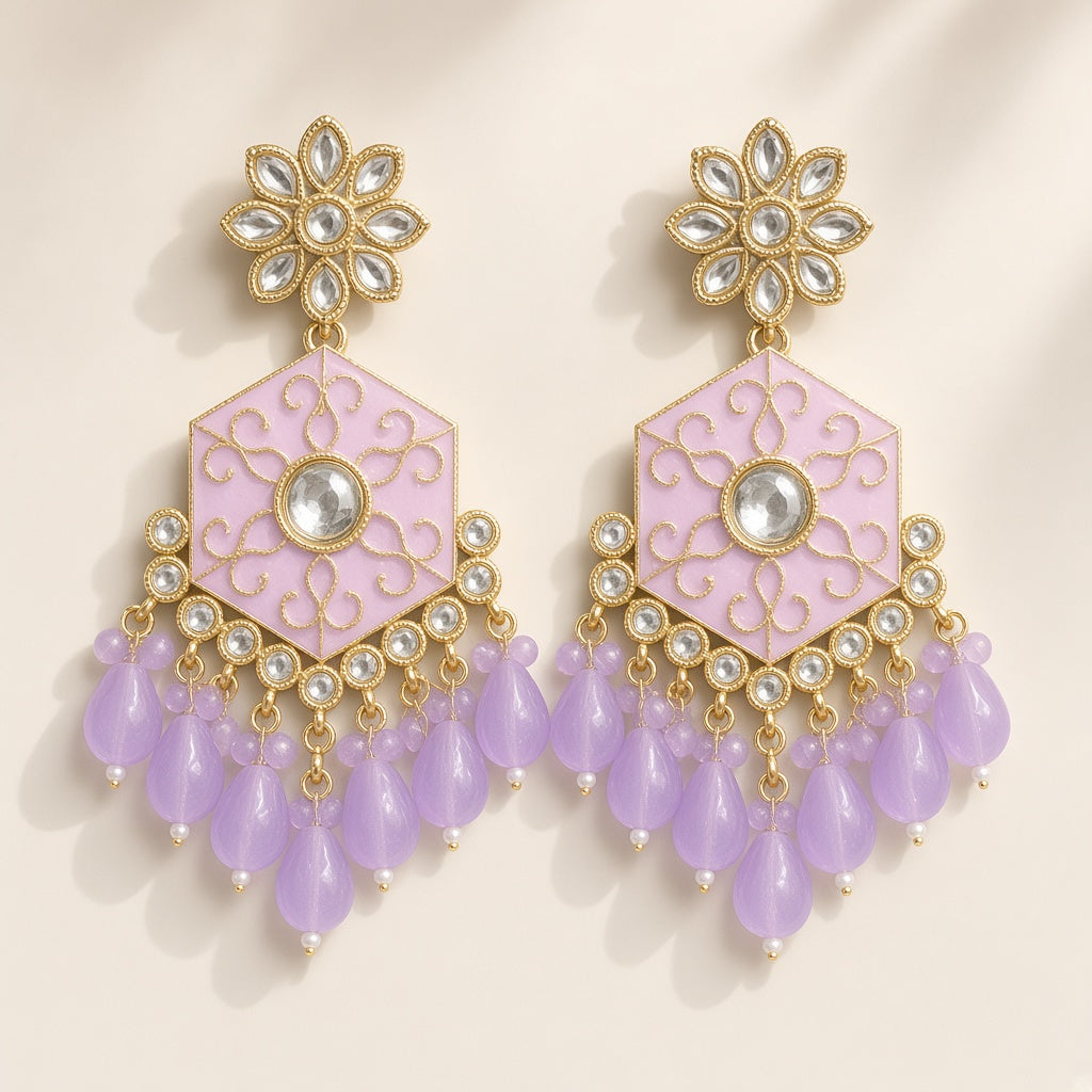 Saanjh Blush & Lilac Meenakari Drop Earrings - studio view