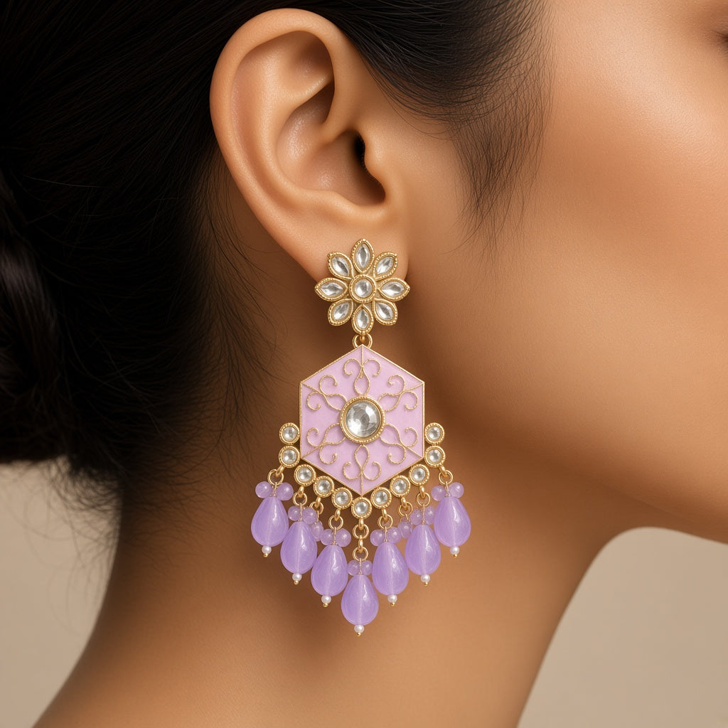 Saanjh Blush & Lilac Meenakari Drop Earrings - worn close-up (faceless model)