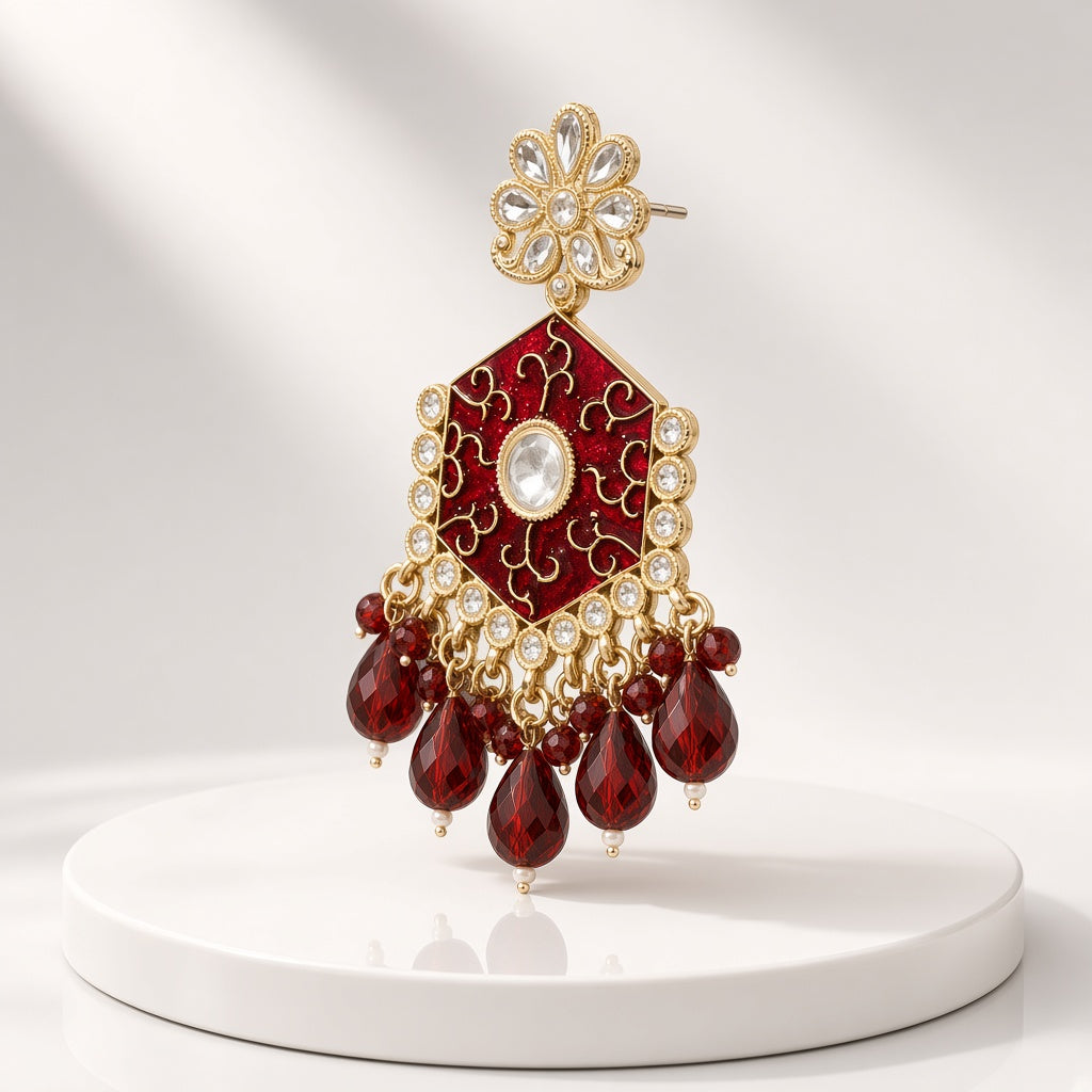 Chitrakari Meenakari Drop Earrings in Maroon - 3D view