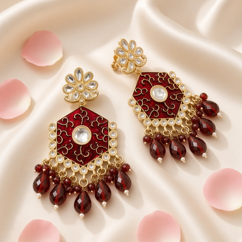 Kumkum Maroon Red Meenakari Drop Earrings - second angle
