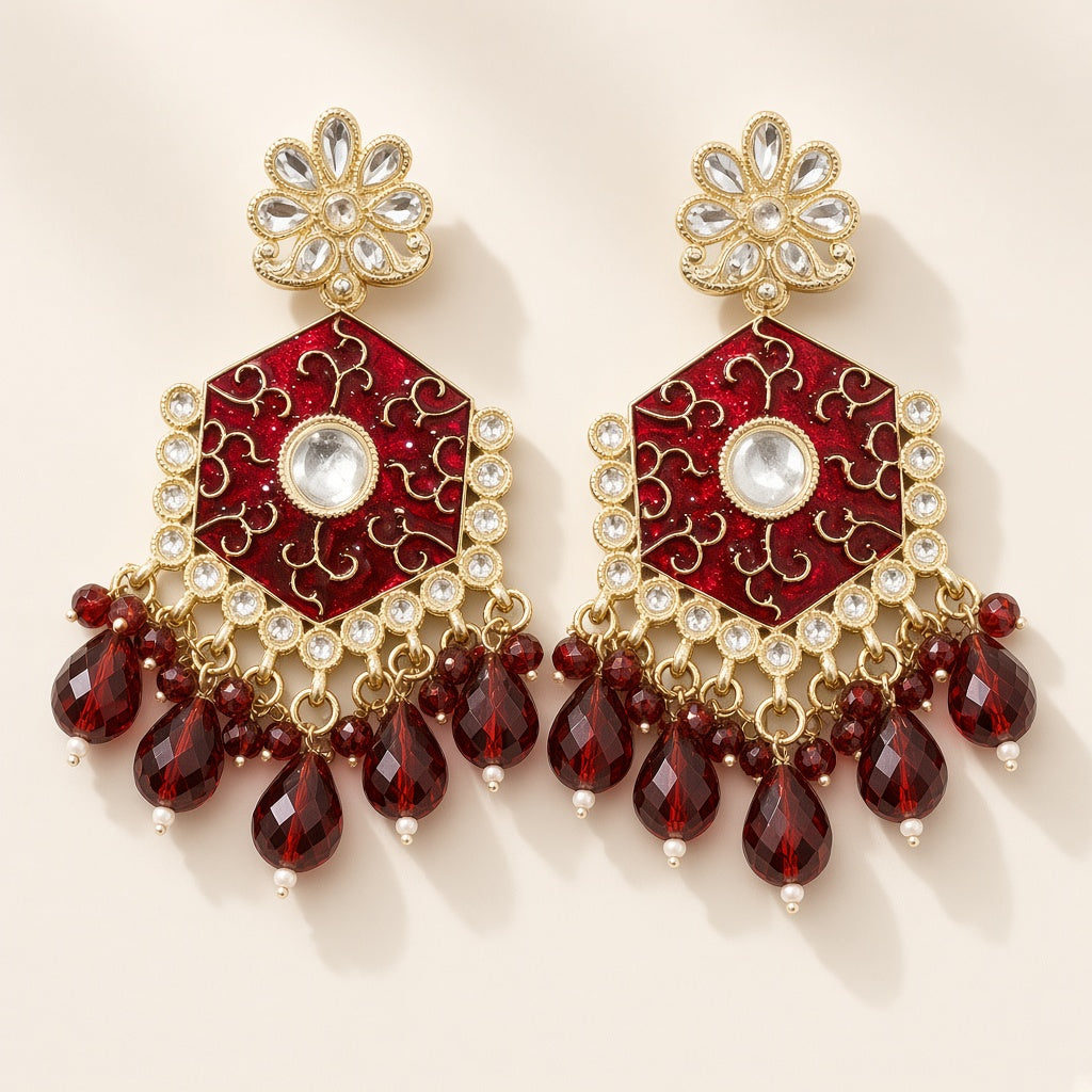 Kumkum Maroon Red Meenakari Drop Earrings - studio view
