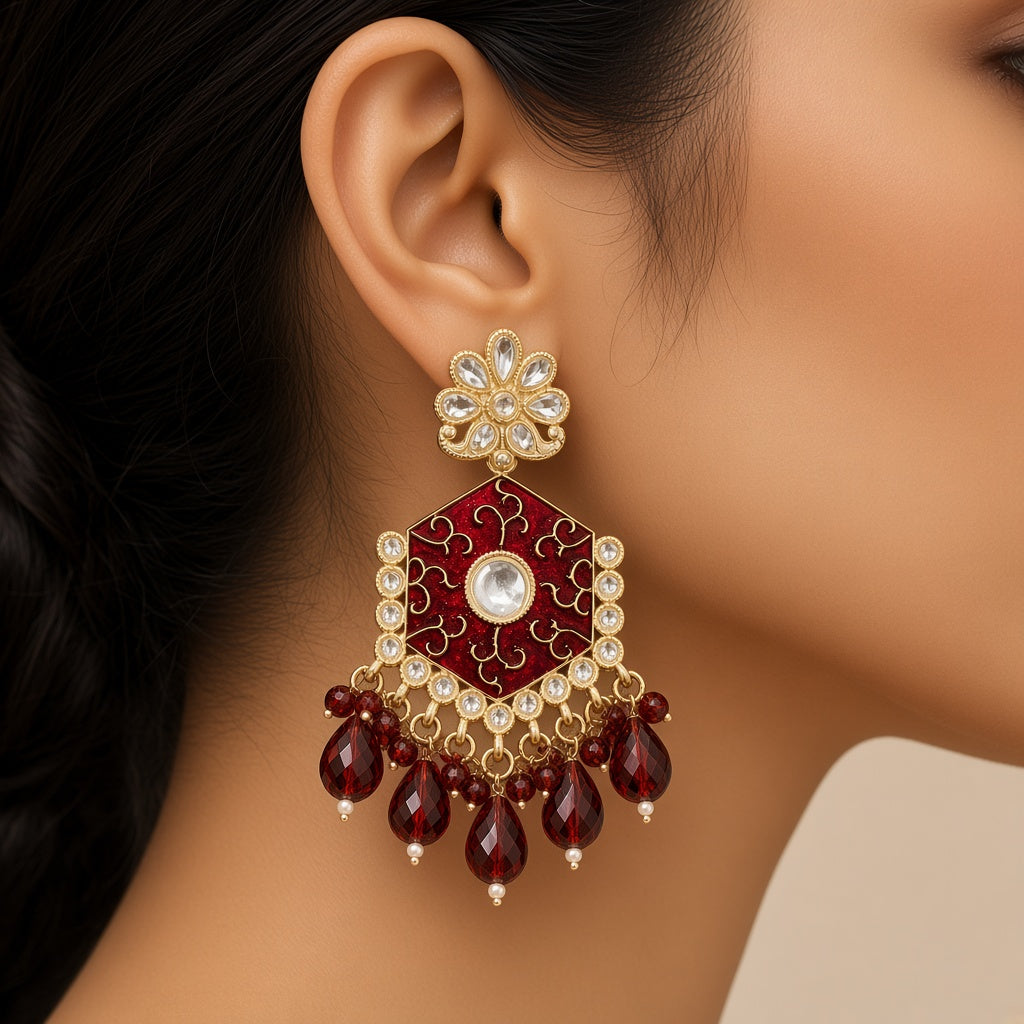 Kumkum Maroon Red Meenakari Drop Earrings - worn close-up (faceless model)