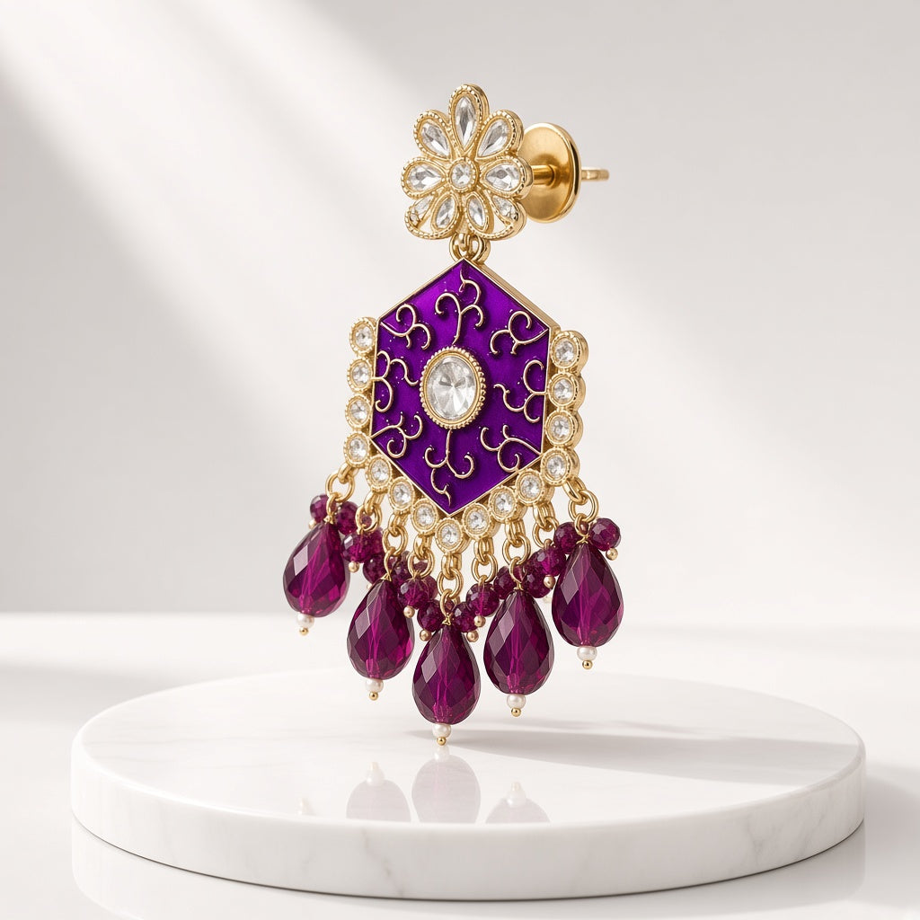 Jamuni Purple Meenakari Drop Earrings - 3D view