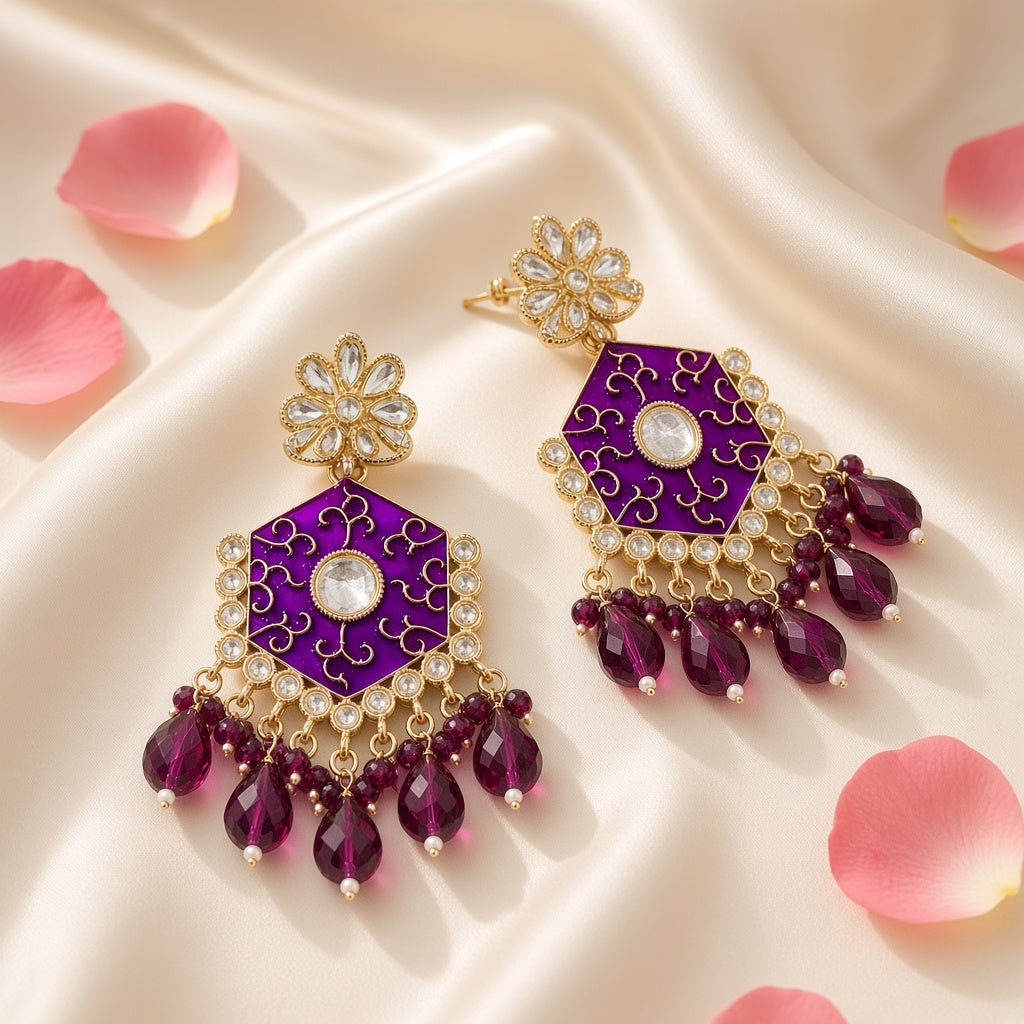 Jamuni Purple Meenakari Drop Earrings - second angle