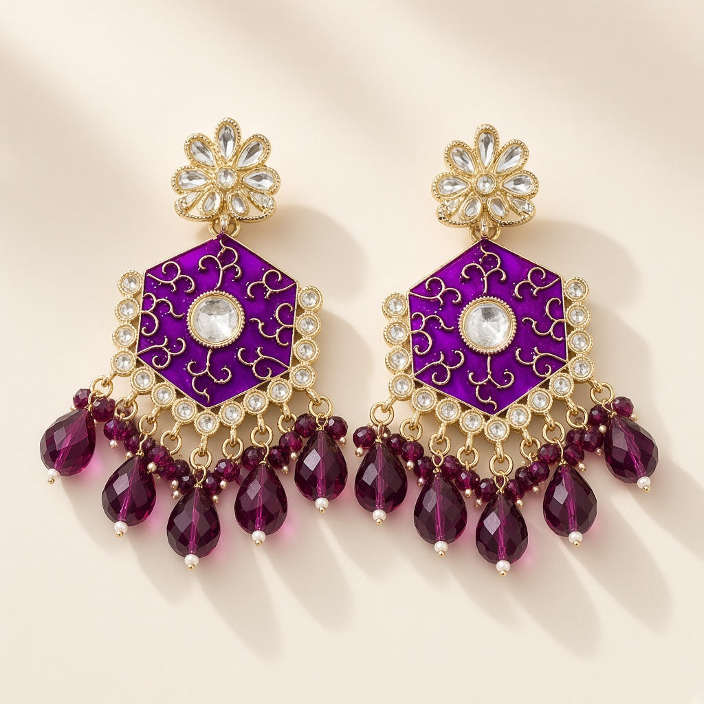 Jamuni Purple Meenakari Drop Earrings - studio view