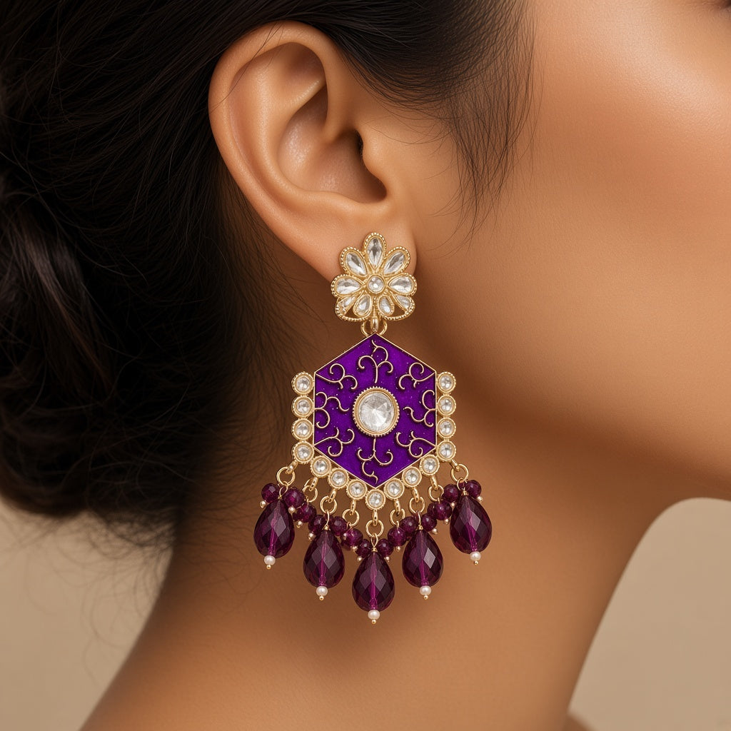 Jamuni Purple Meenakari Drop Earrings - worn close-up (faceless model)