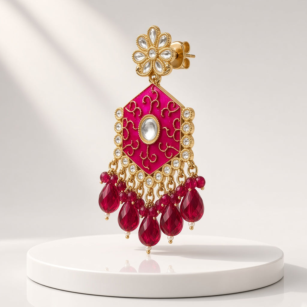 Gulnaar Magenta Pink Meenakari Drop Earrings - 3D view