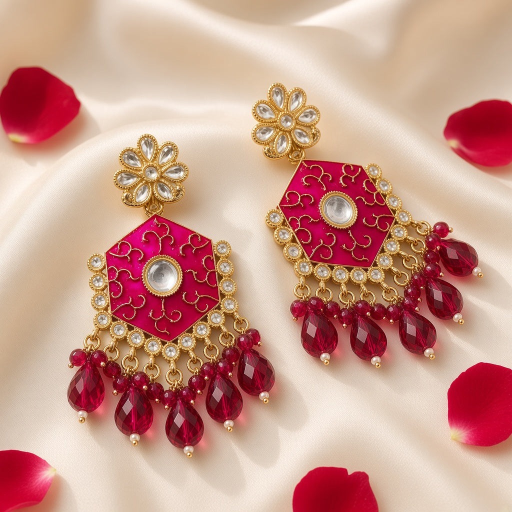 Gulnaar Magenta Pink Meenakari Drop Earrings - second angle