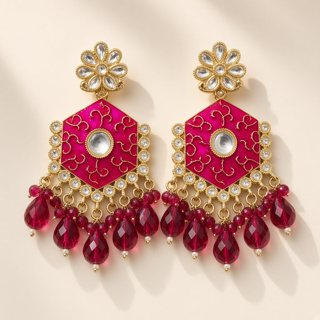 Gulnaar Magenta Pink Meenakari Drop Earrings - studio view