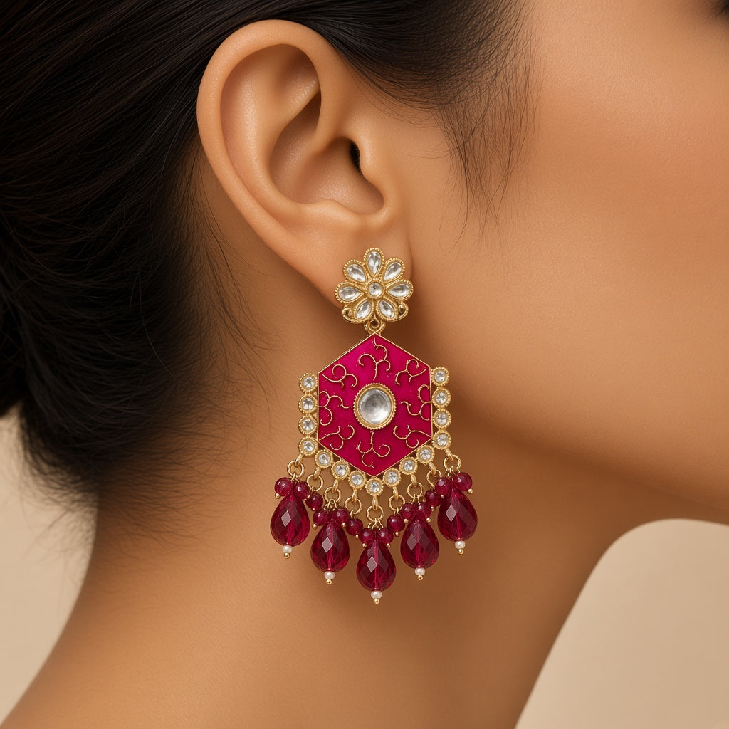 Gulnaar Magenta Pink Meenakari Drop Earrings - worn close-up (faceless model)