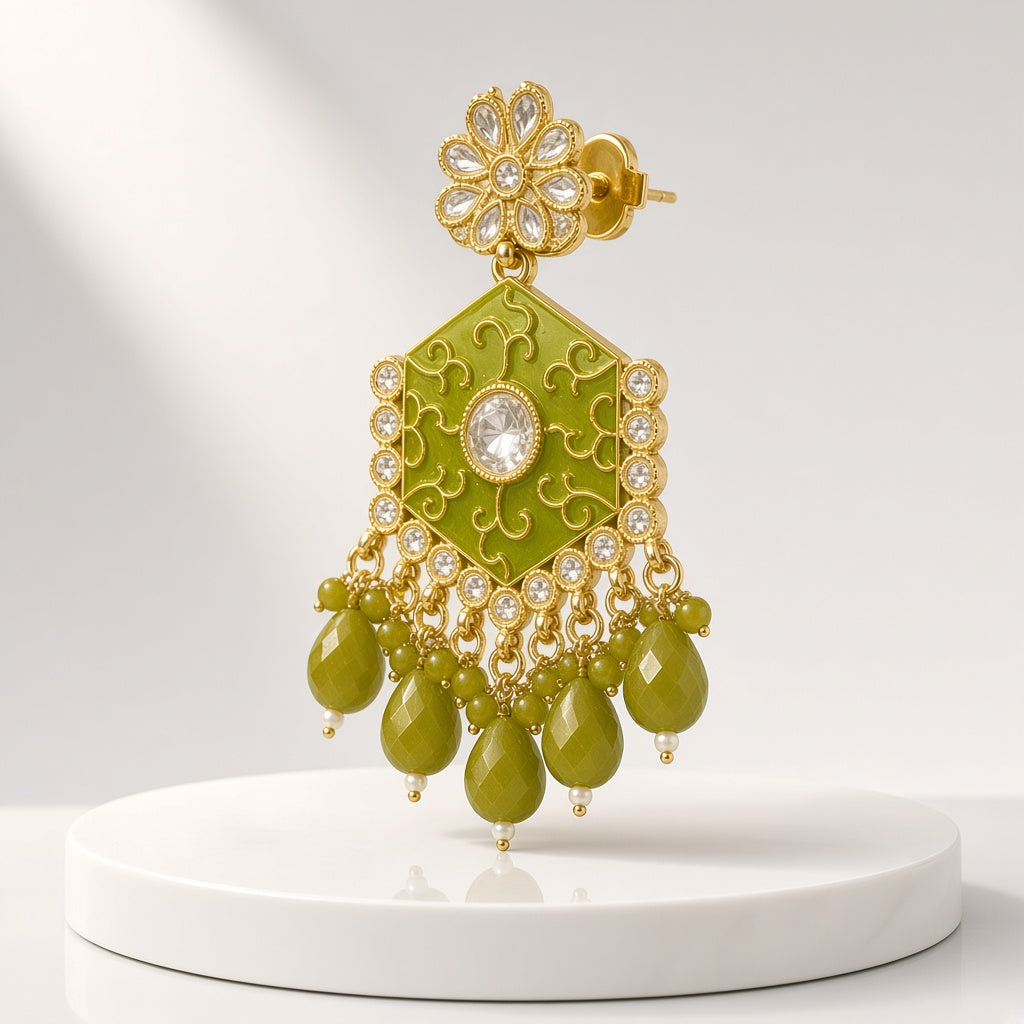 Mehendi Olive Green Meenakari Drop Earrings - 3D view