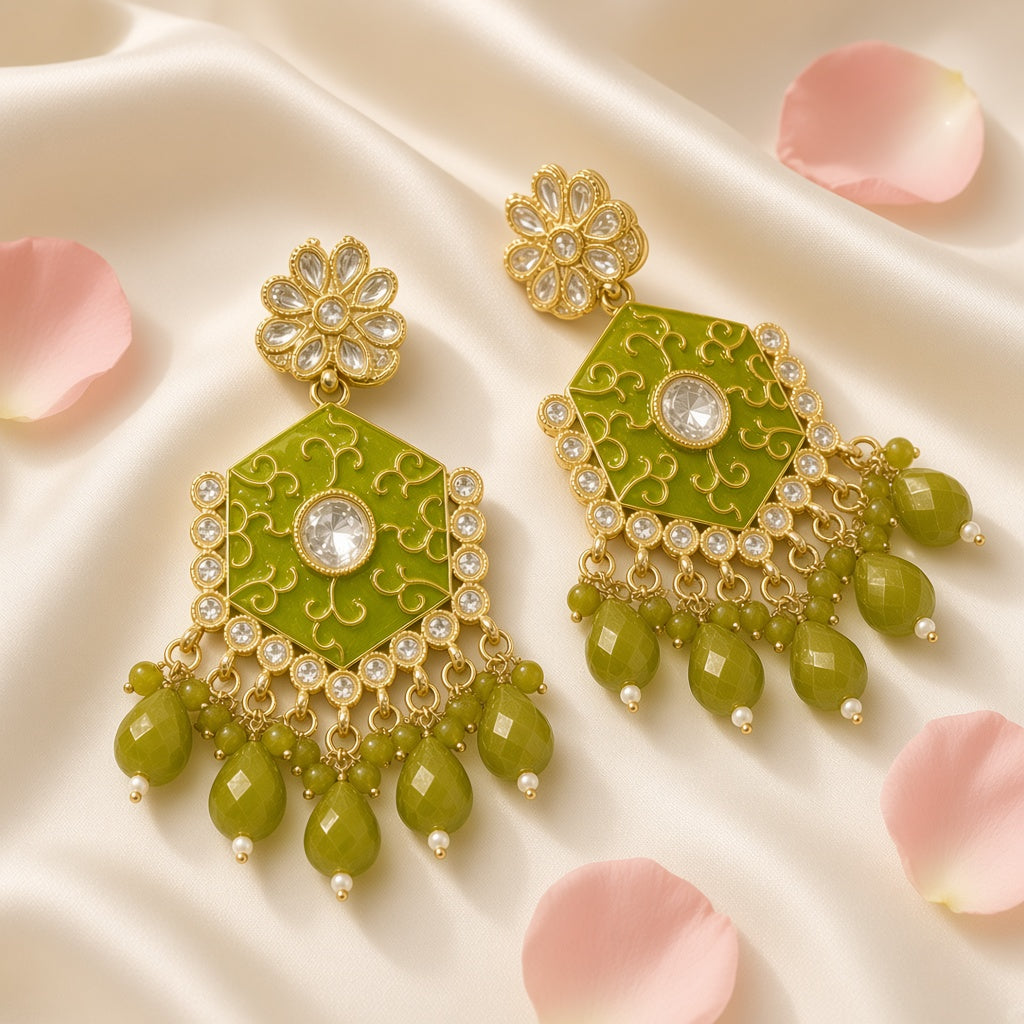 Mehendi Olive Green Meenakari Drop Earrings - second angle