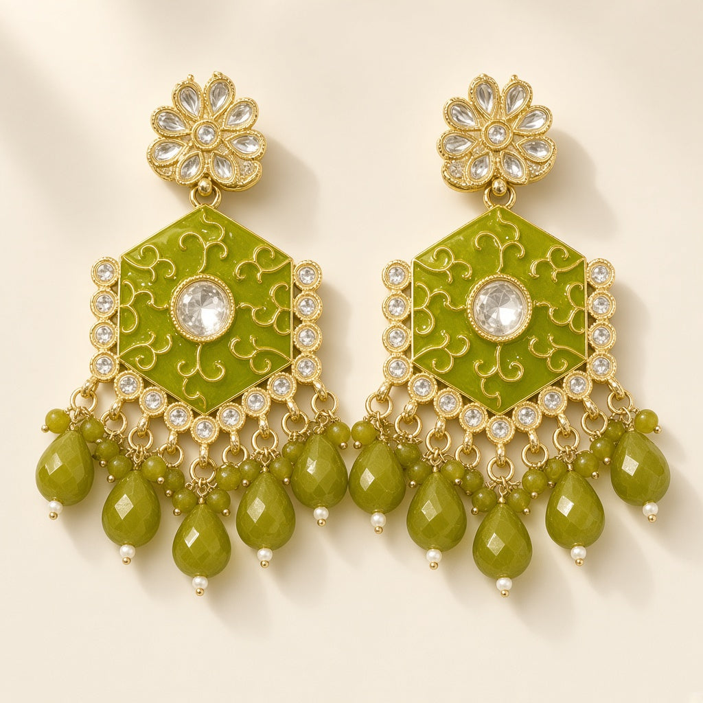 Mehendi Olive Green Meenakari Drop Earrings - studio view