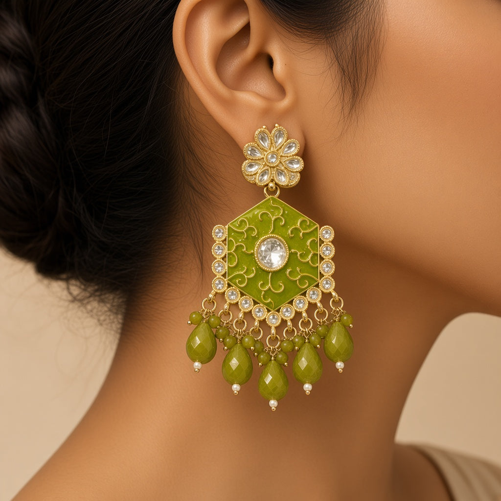 Mehendi Olive Green Meenakari Drop Earrings - worn close-up (faceless model)