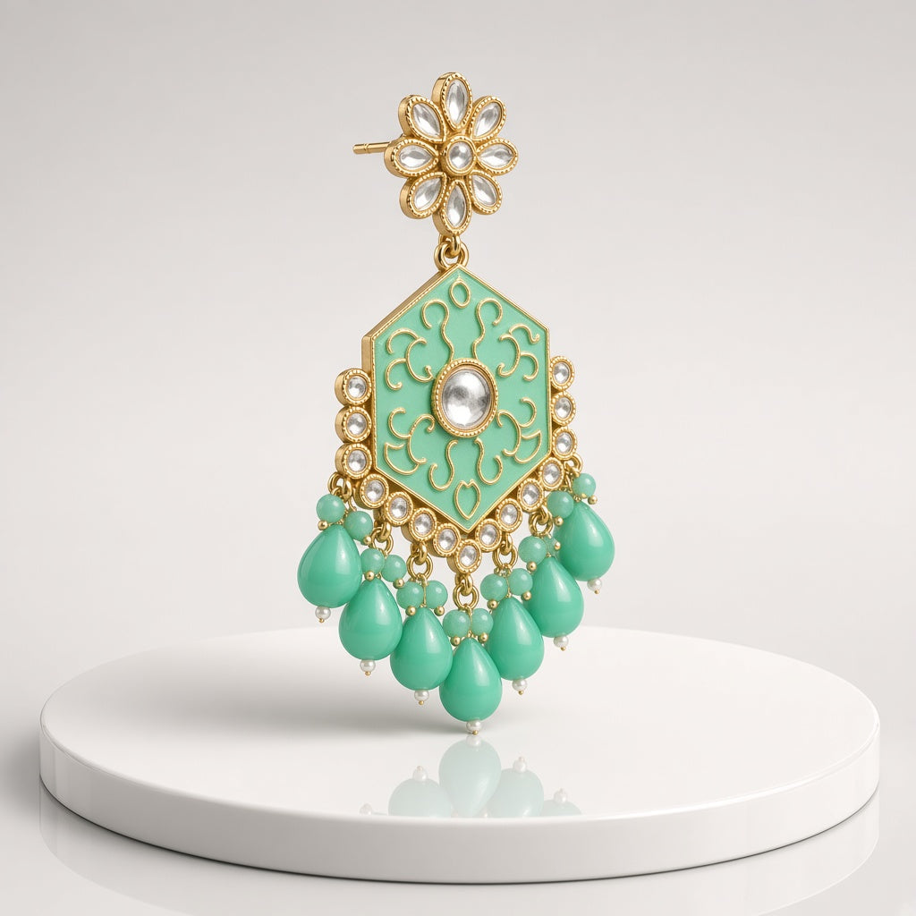 Pista Mint Meenakari Drop Earrings - 3D view