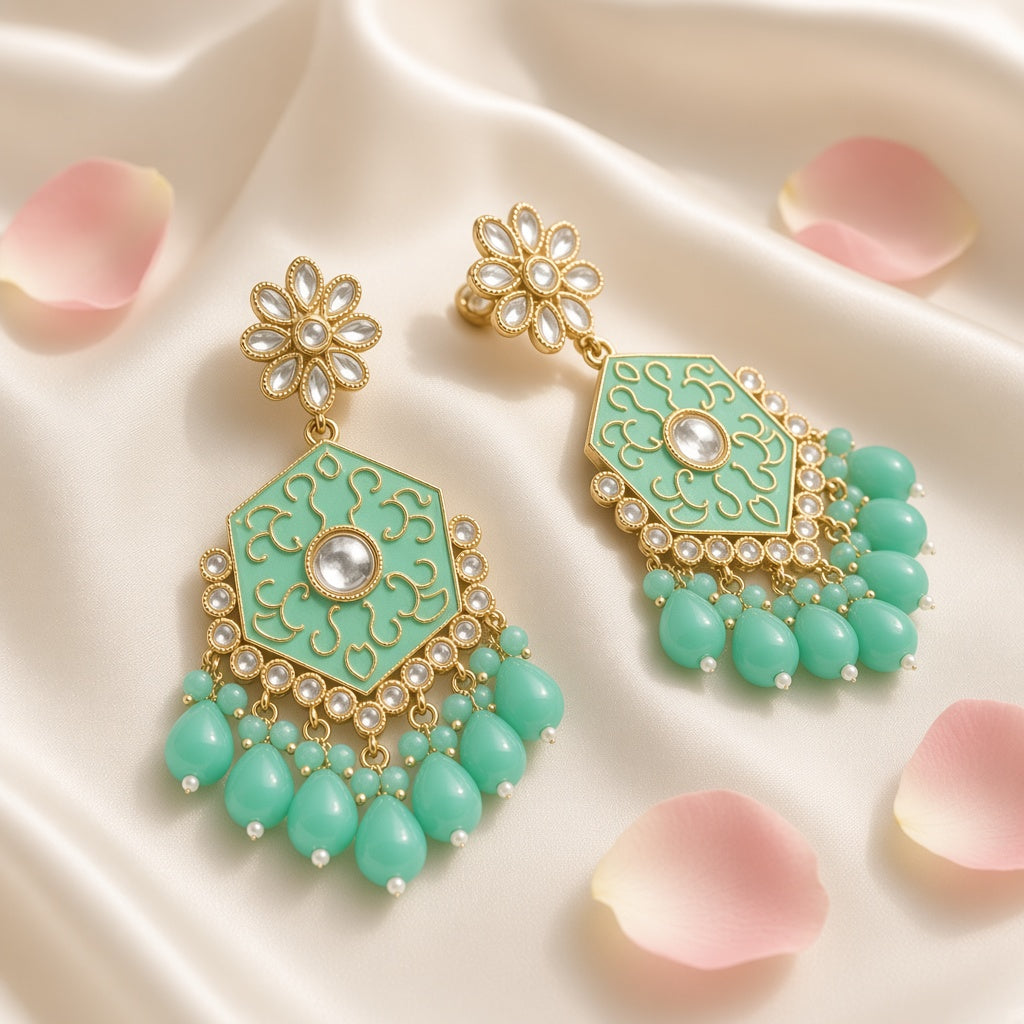 Pista Mint Meenakari Drop Earrings - second angle