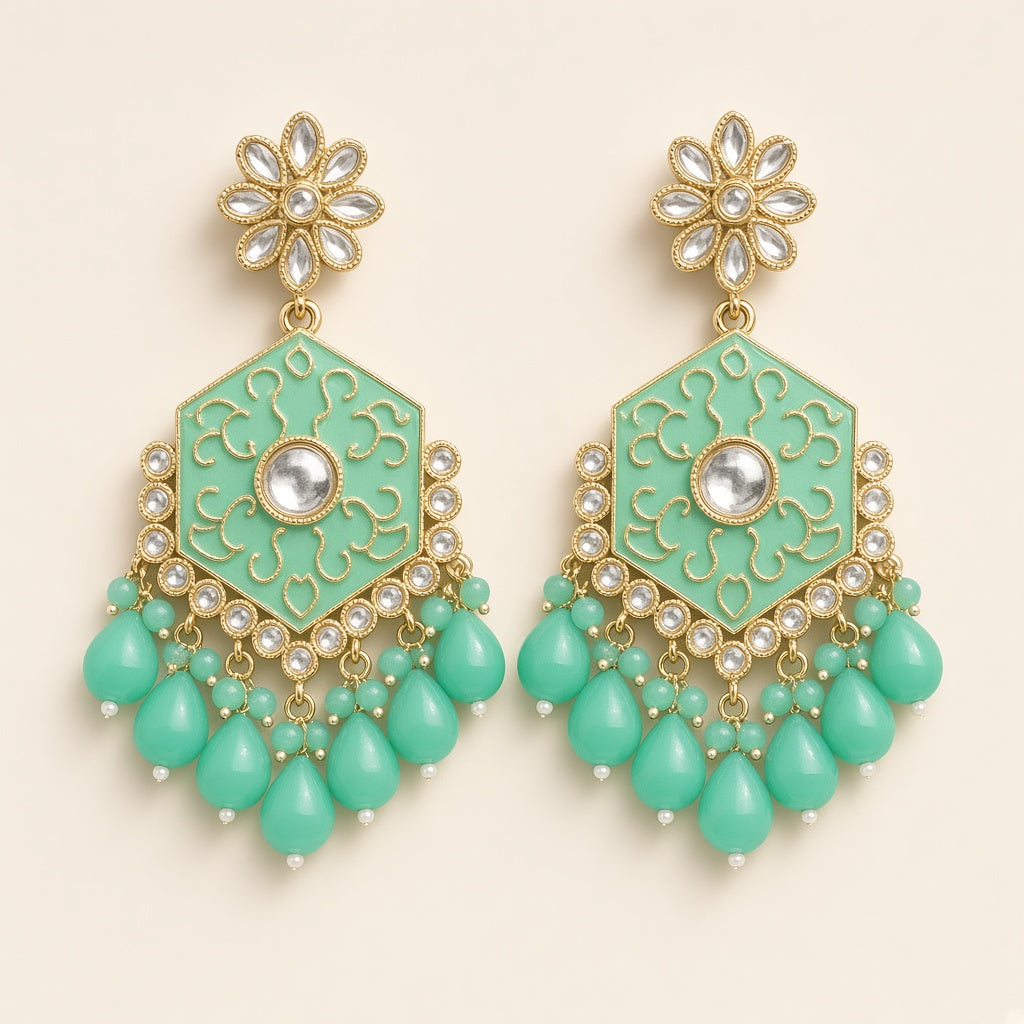 Pista Mint Meenakari Drop Earrings - studio view