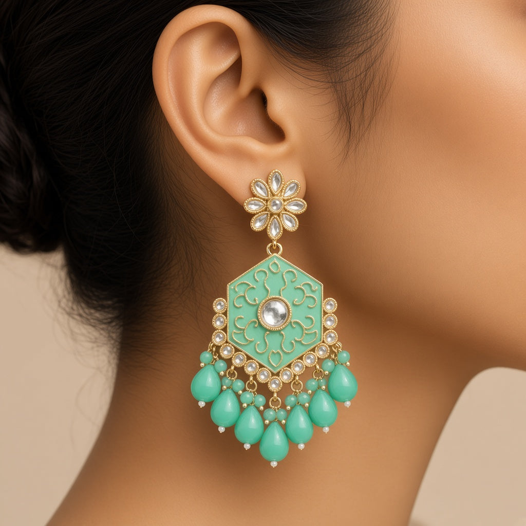 Pista Mint Meenakari Drop Earrings - worn close-up (faceless model)