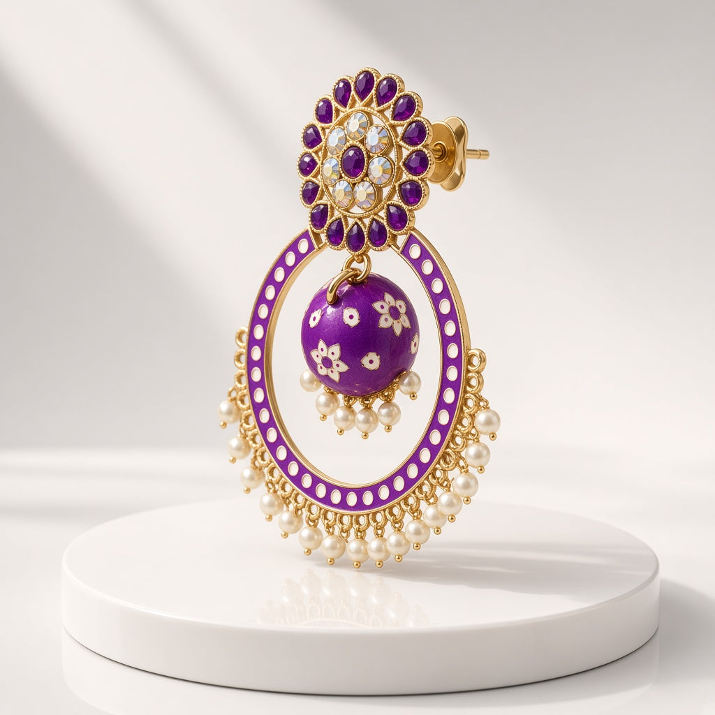 Baingani Purple Chandbali Hoop Jhumkas - 3D view