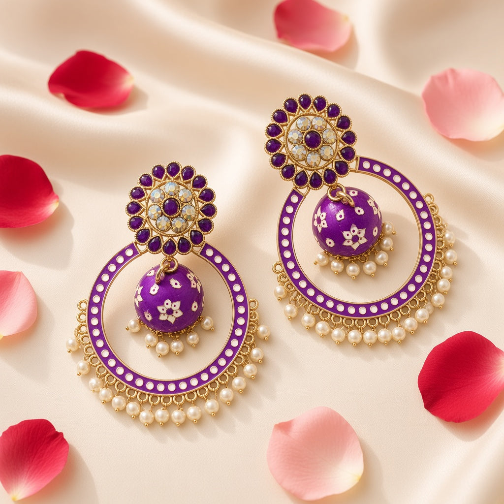 Baingani Purple Chandbali Hoop Jhumkas - second angle