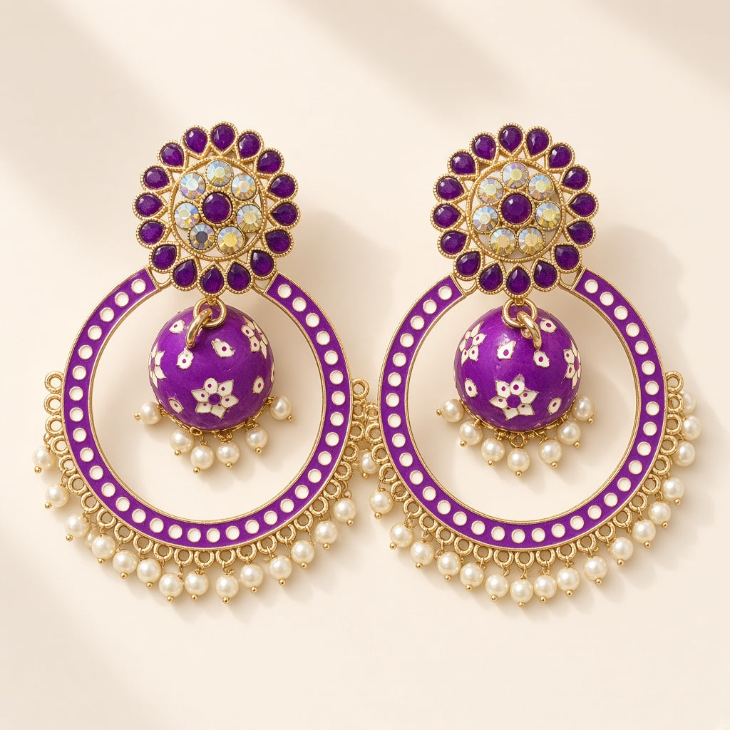 Baingani Purple Chandbali Hoop Jhumkas - studio view