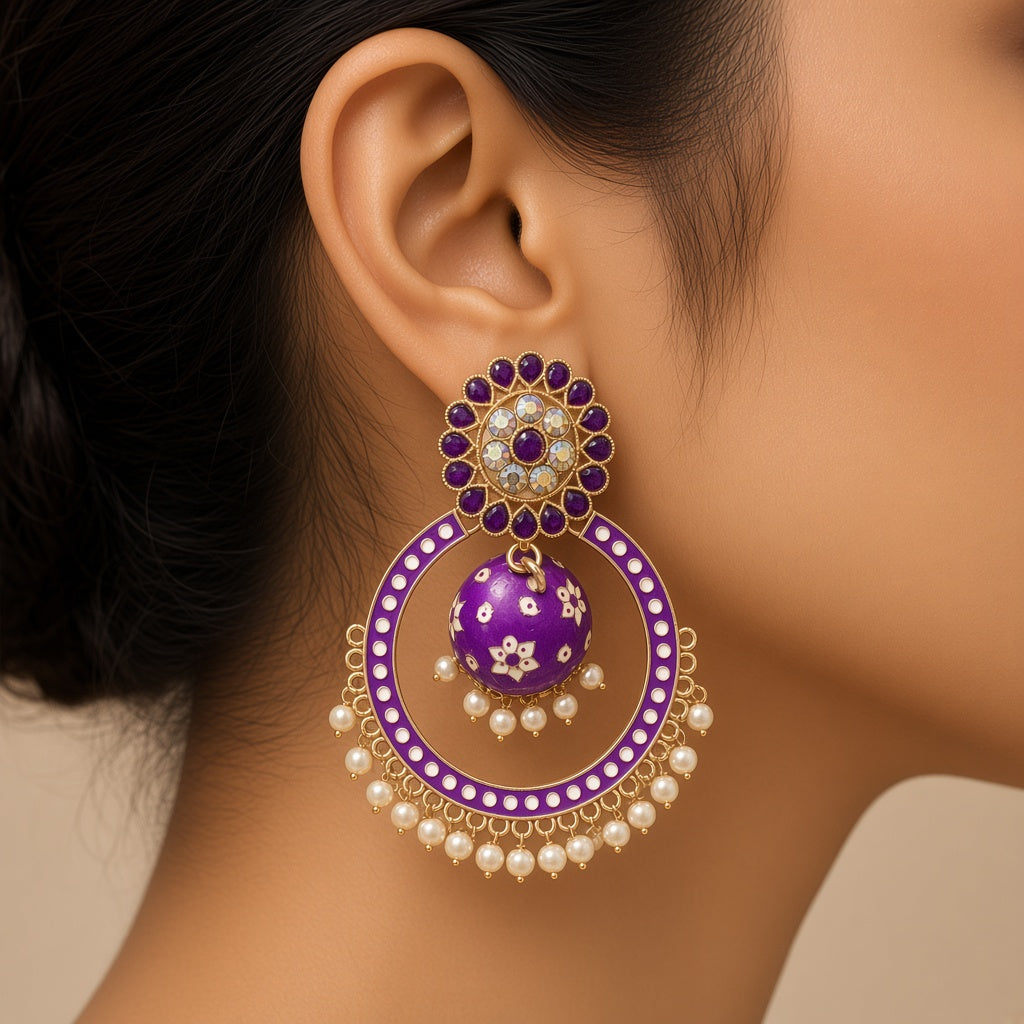 Baingani Purple Chandbali Hoop Jhumkas - worn close-up (faceless model)