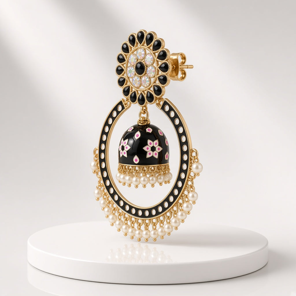 Nisha Black Chandbali Hoop Jhumkas - 3D view