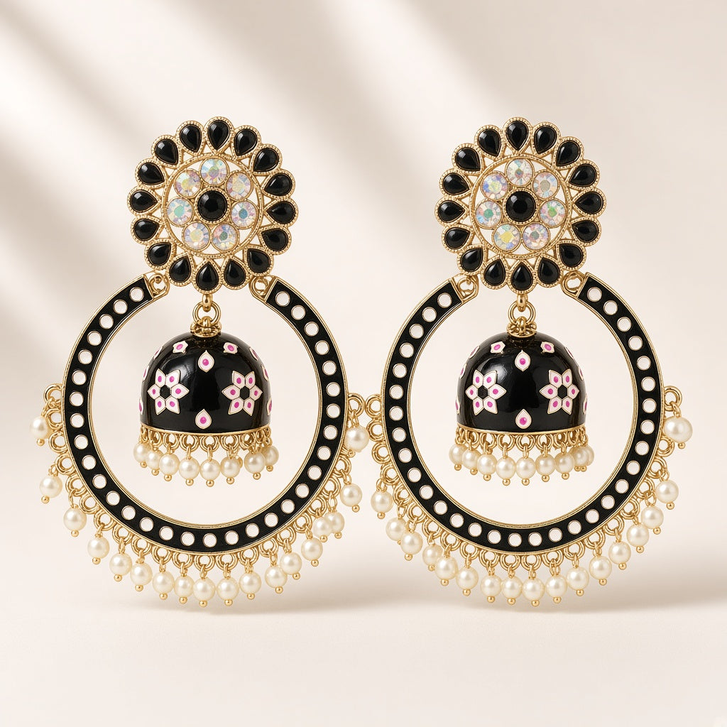 Nisha Black Chandbali Hoop Jhumkas - studio view