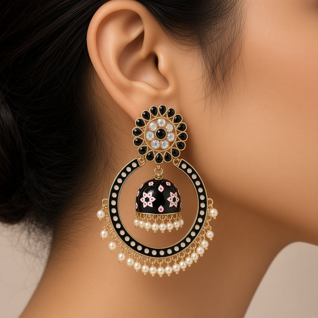 Nisha Black Chandbali Hoop Jhumkas - worn close-up (faceless model)