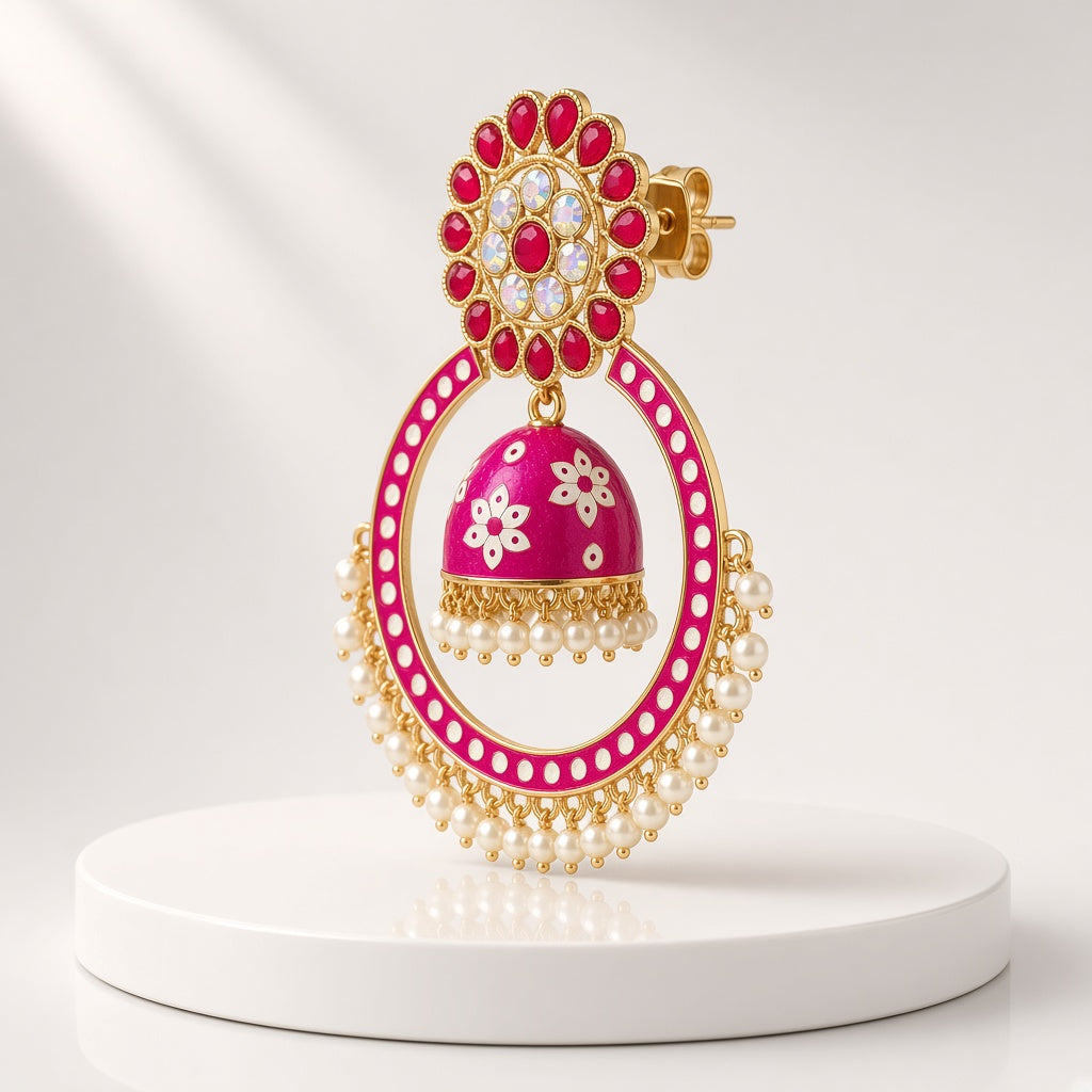 Shringar Hot Pink Chandbali Hoop Jhumkas - 3D view