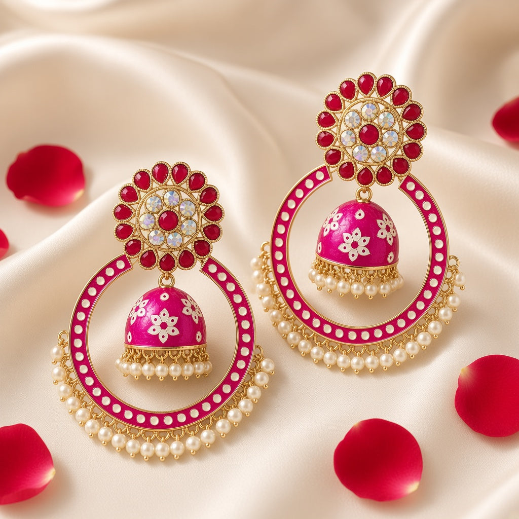 Shringar Hot Pink Chandbali Hoop Jhumkas - second angle