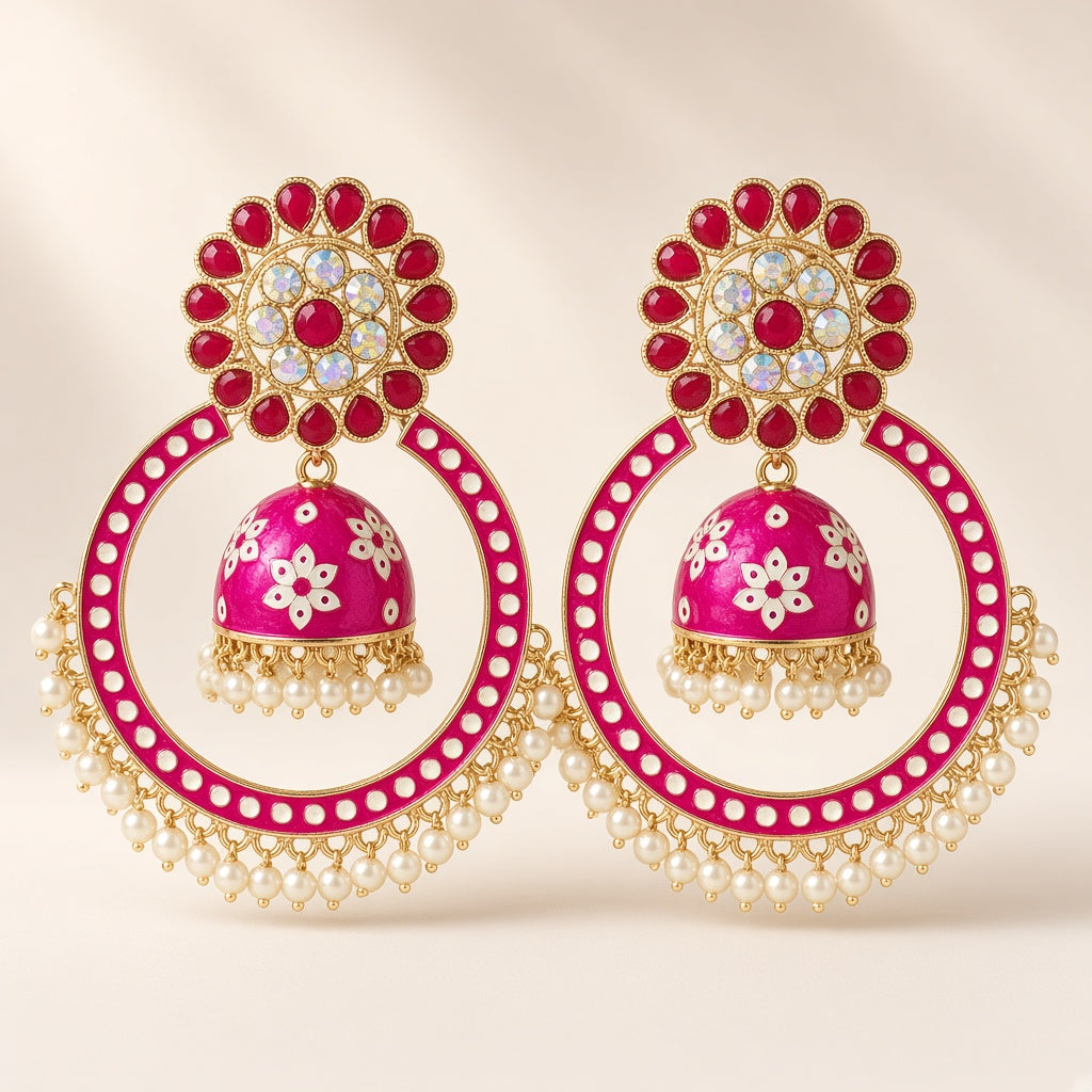 Shringar Hot Pink Chandbali Hoop Jhumkas - studio view