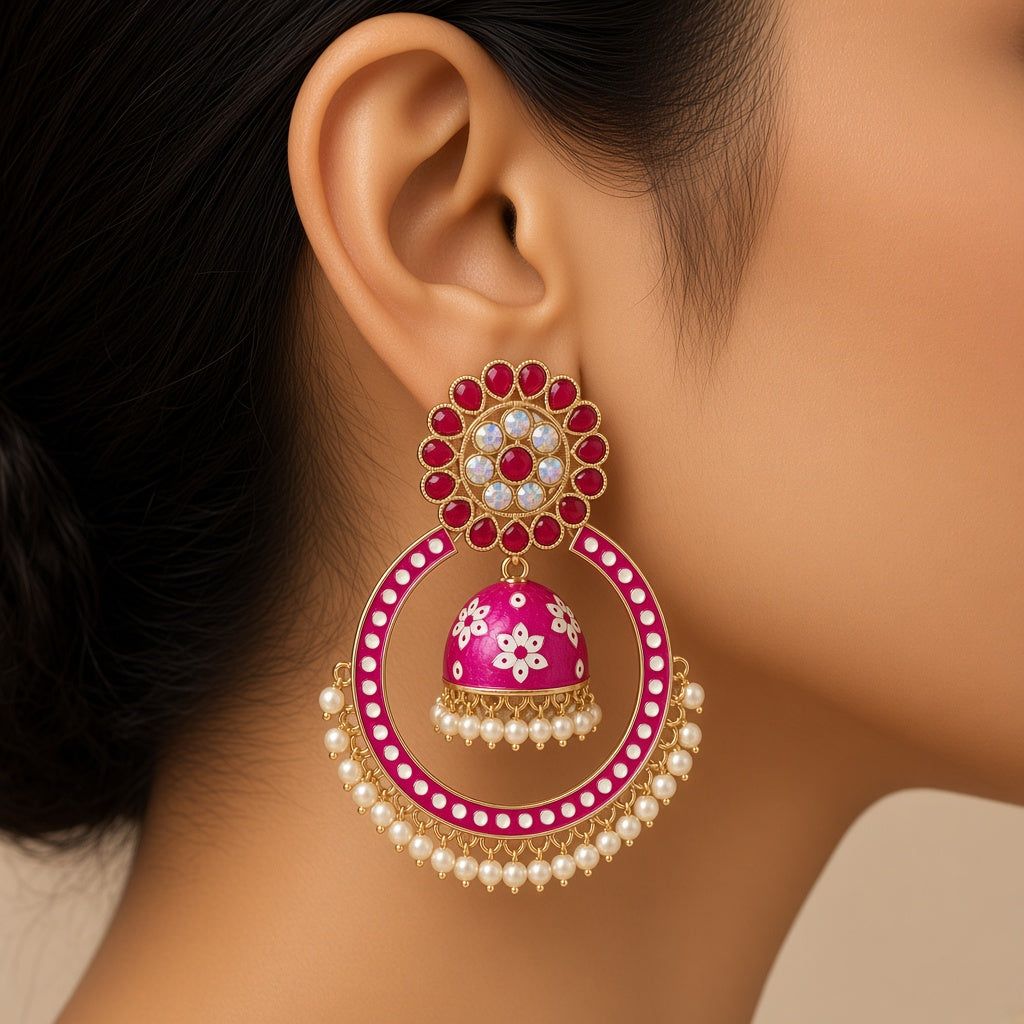 Shringar Hot Pink Chandbali Hoop Jhumkas - worn close-up (faceless model)
