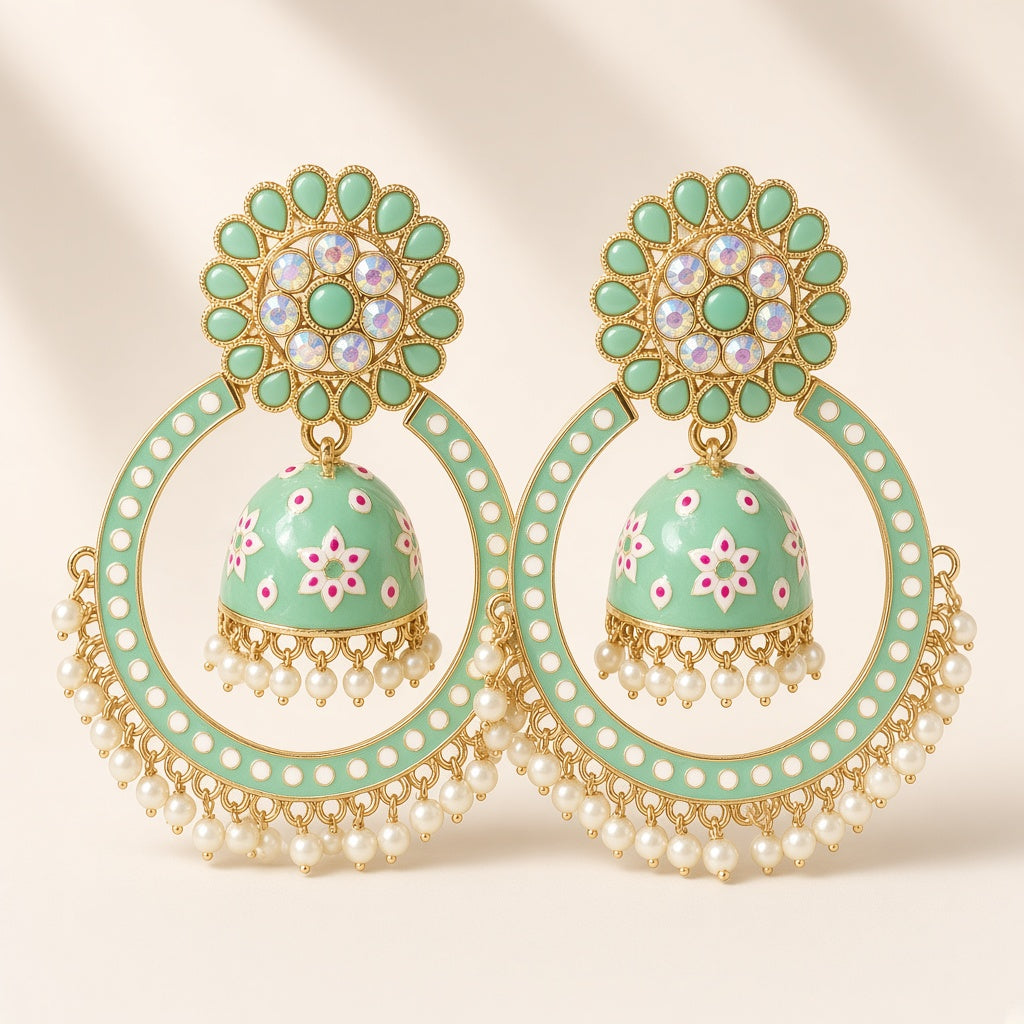 Mehak Mint Chandbali Hoop Jhumkas - studio view