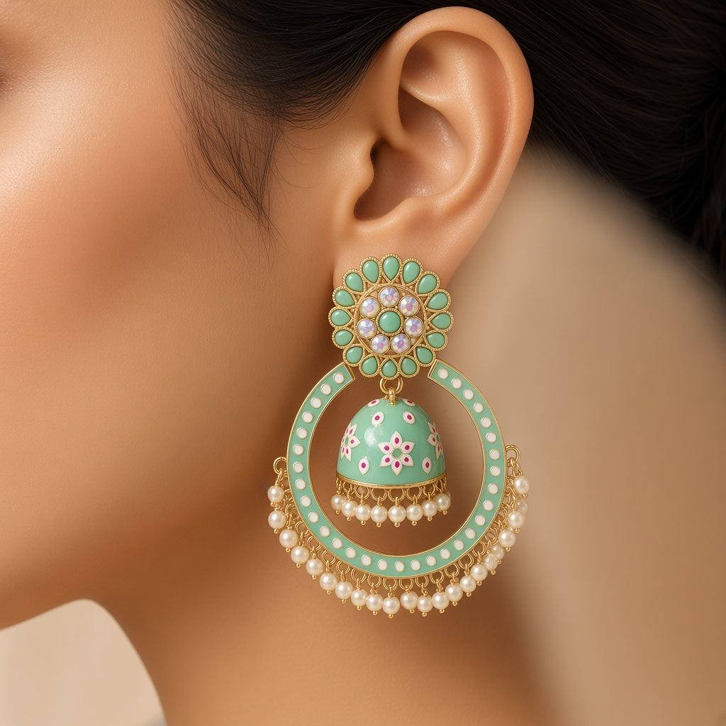 Mehak Mint Chandbali Hoop Jhumkas - worn close-up (faceless model)