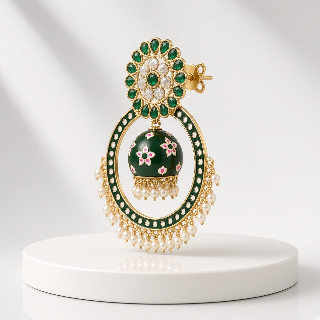 Zumrud Emerald Green Chandbali Hoop Jhumkas - 3D view