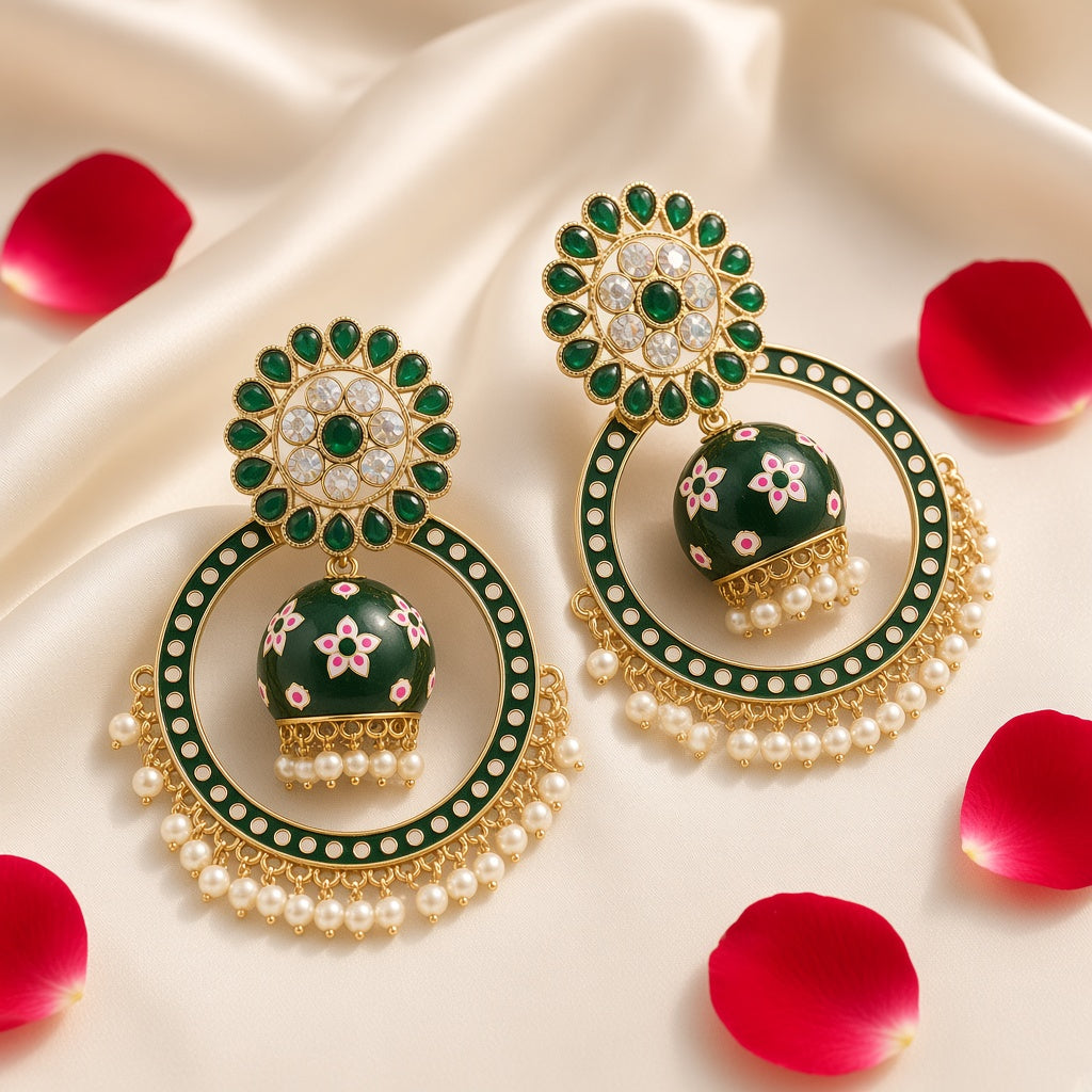 Zumrud Emerald Green Chandbali Hoop Jhumkas - second angle