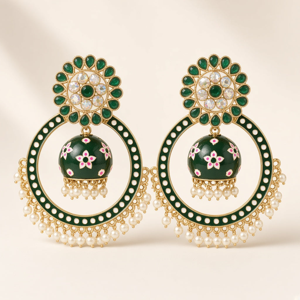 Zumrud Emerald Green Chandbali Hoop Jhumkas - studio view
