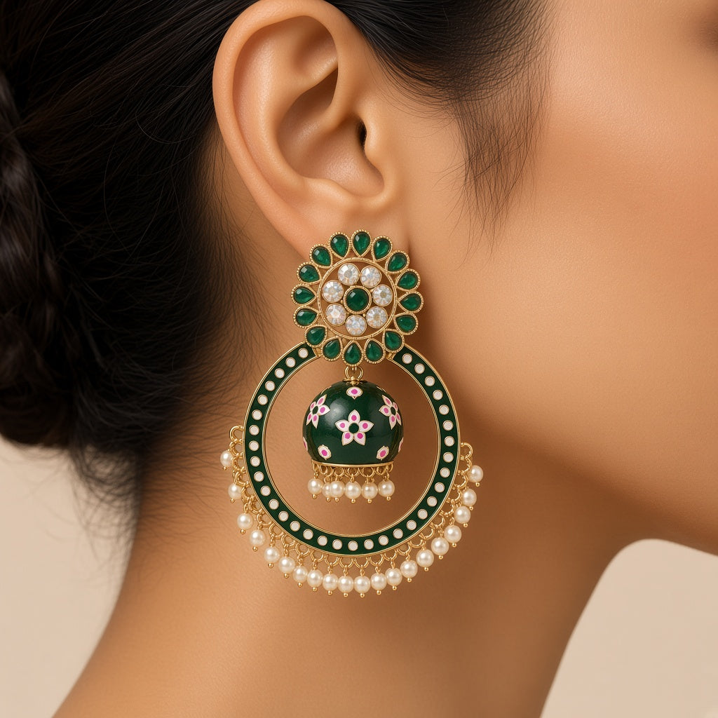 Zumrud Emerald Green Chandbali Hoop Jhumkas - worn close-up (faceless model)