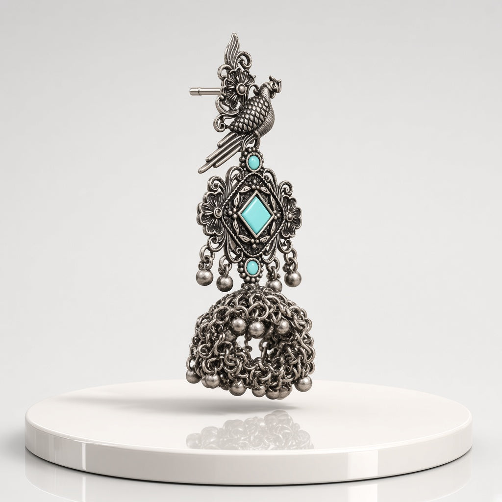Tota Firozi Turquoise Oxidised Parrot Jhumkas - 3D view