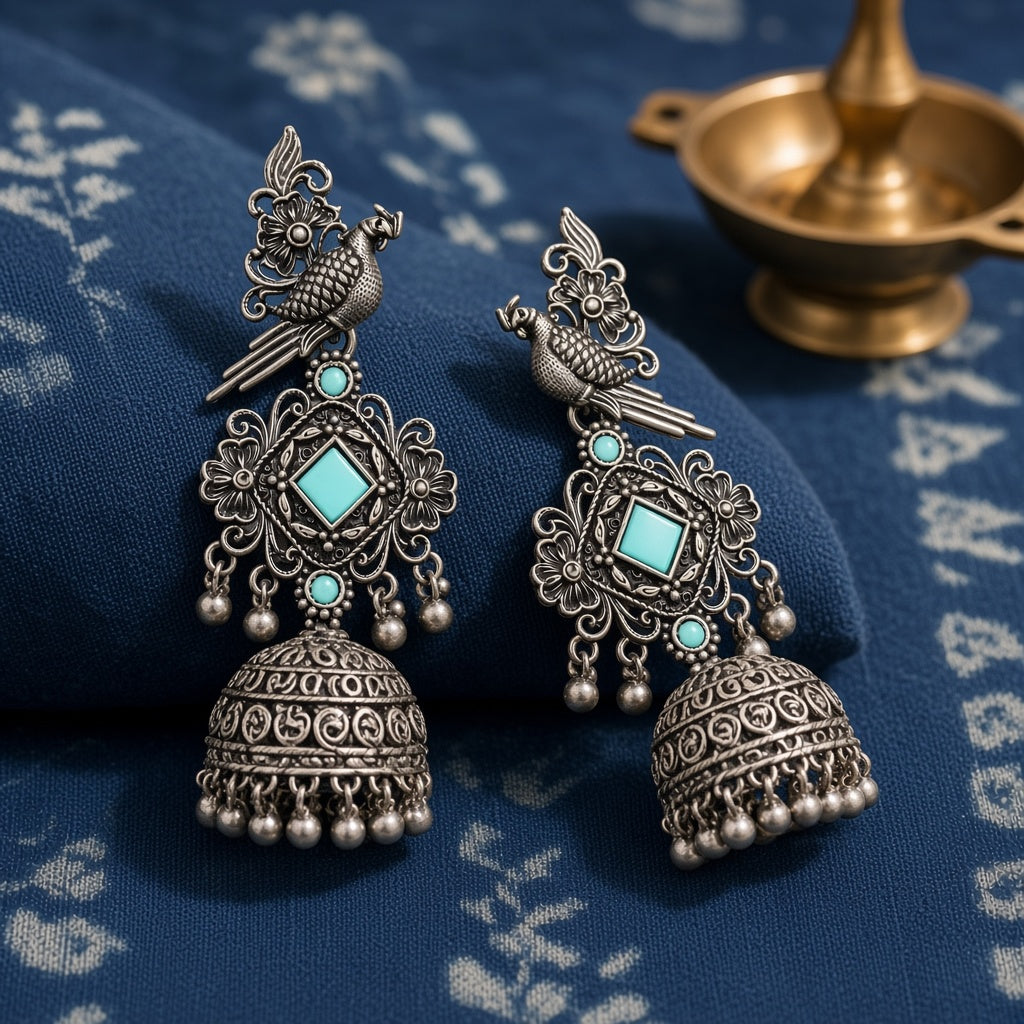 Tota Firozi Turquoise Oxidised Parrot Jhumkas - second angle