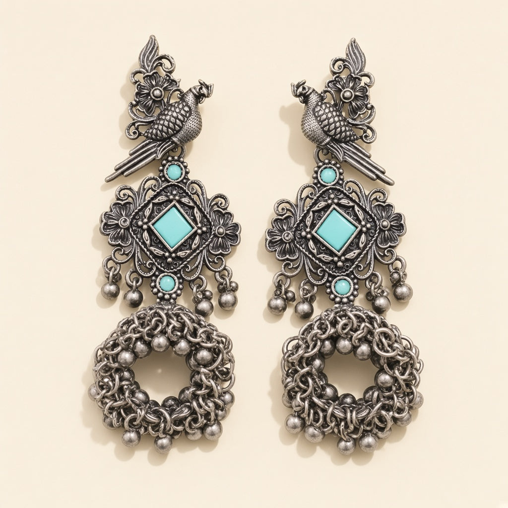 Tota Firozi Turquoise Oxidised Parrot Jhumkas - studio view