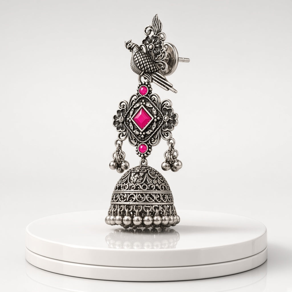 Tota Gulnaar Pink Oxidised Parrot Jhumkas - 3D view