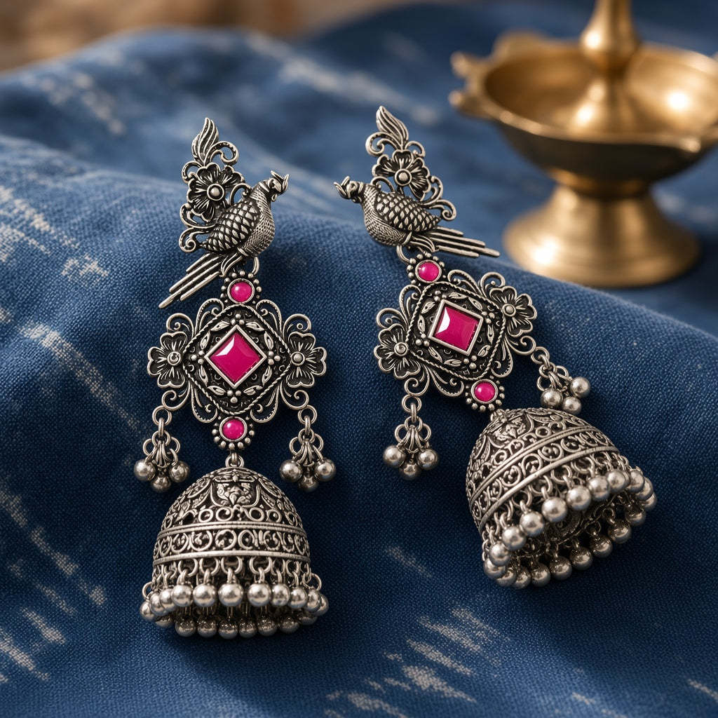 Tota Gulnaar Pink Oxidised Parrot Jhumkas - second angle