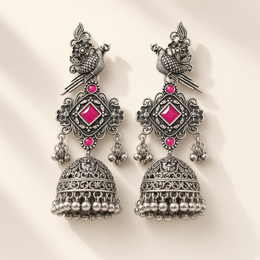 Tota Gulnaar Pink Oxidised Parrot Jhumkas - studio view